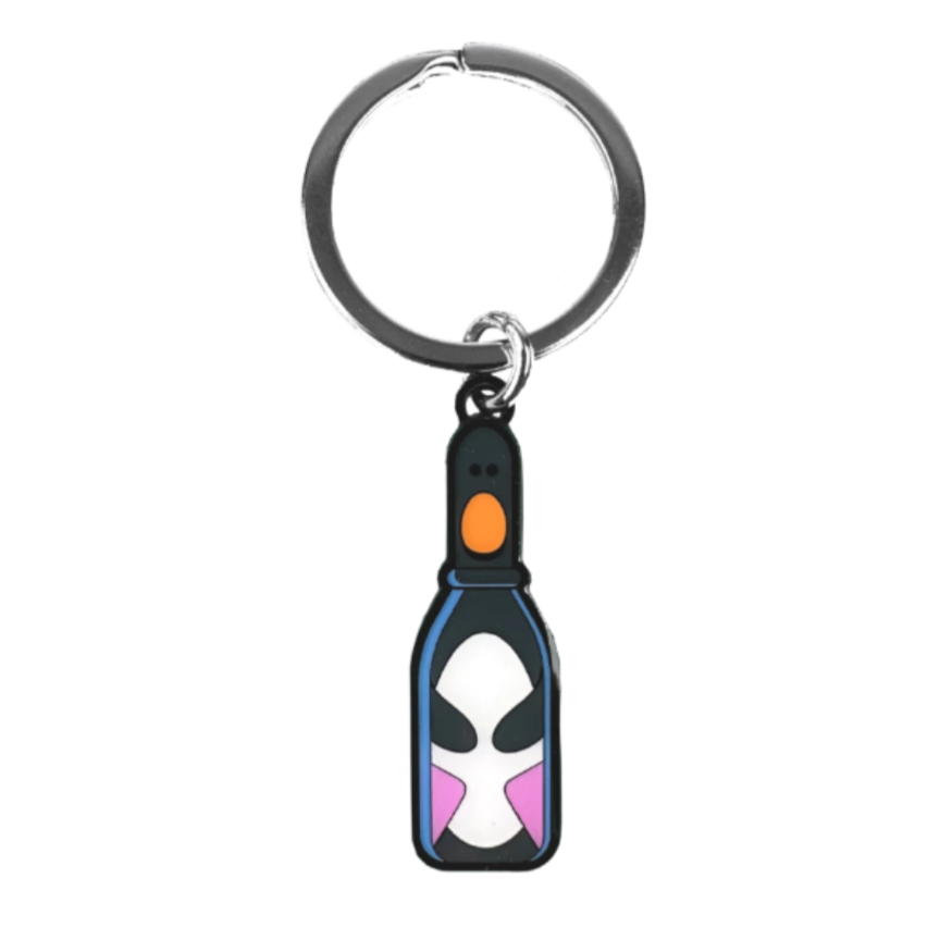A novelty keychain featuring a stylized cartoon drawing of Feathers McGraw in a milk bottle from Wallace and Gromit