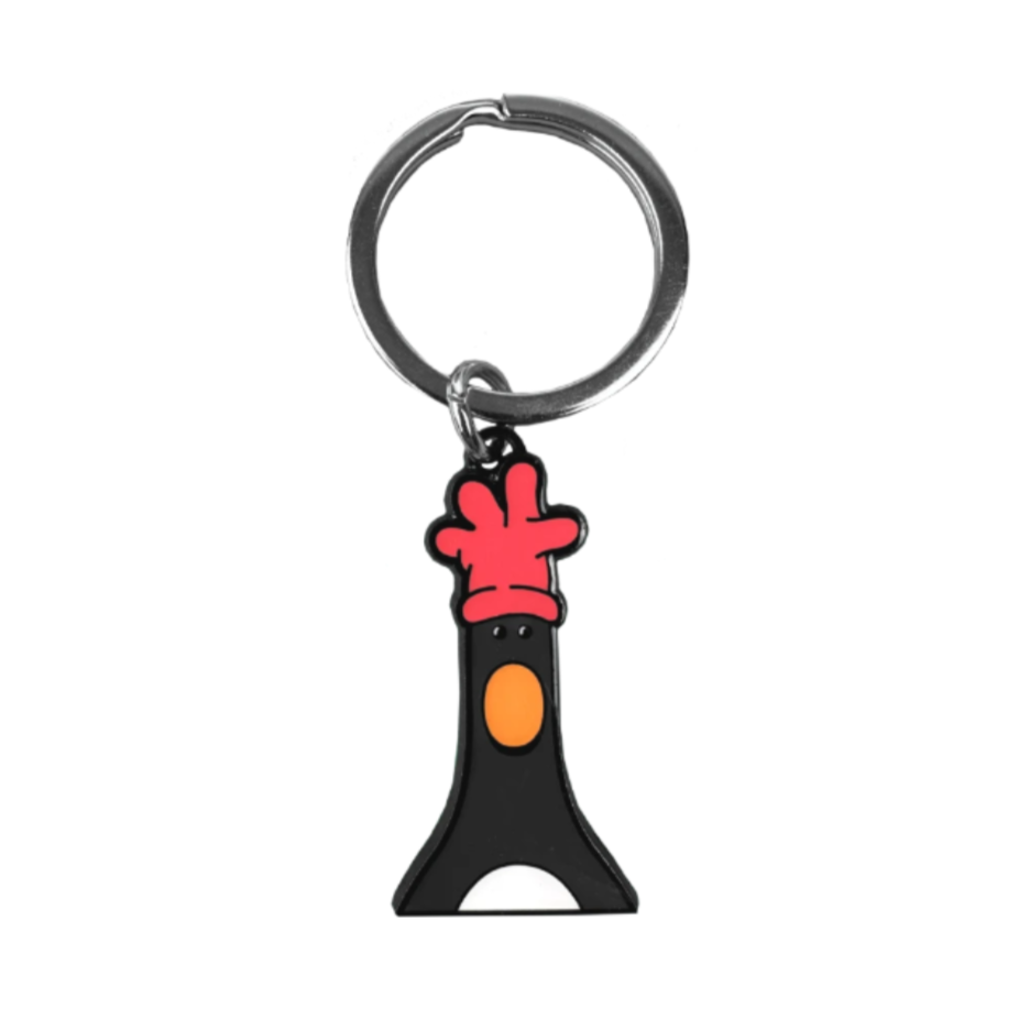 A novelty keychain featuring a stylised illustration of Feathers McGraw from Wallace and Gromit