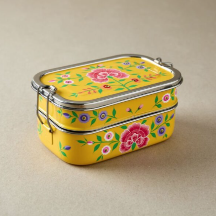 A metal and enamel tiffin style lunch box with a bright yellow surface and colourful hand painted flower design. 
